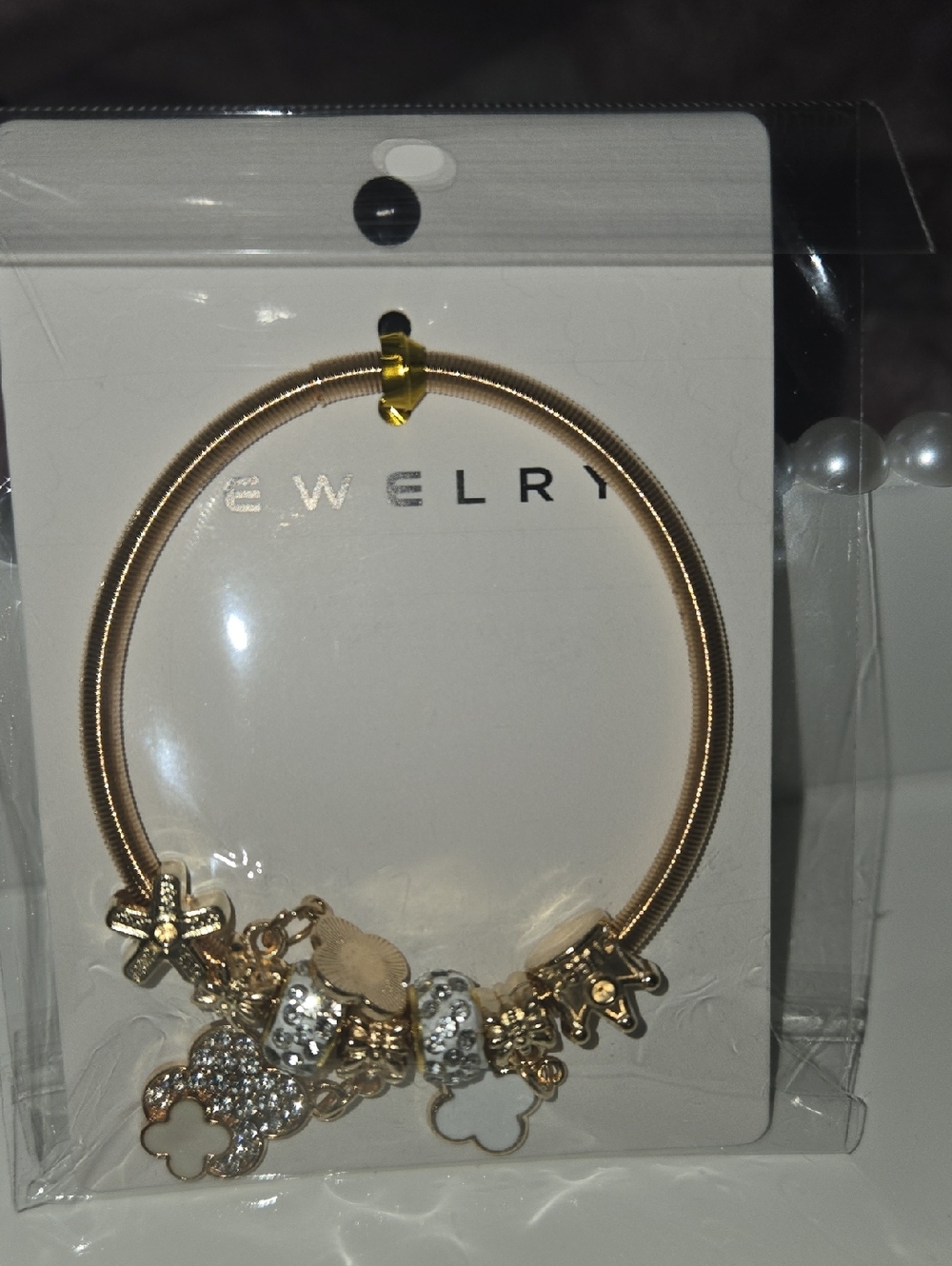 Gold Charm Bangle Bracelet with Floral and Crystal Accents